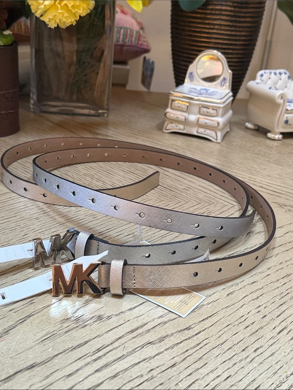 Michael Kors Metallic   Gold and  Silver MK Logo Skinny Belt